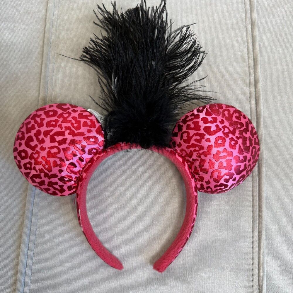 Disney Parks BUNDLE Rose Gold Sequin Pink Leopard Feather Minnie Headband Ears - Picture 3 of 8